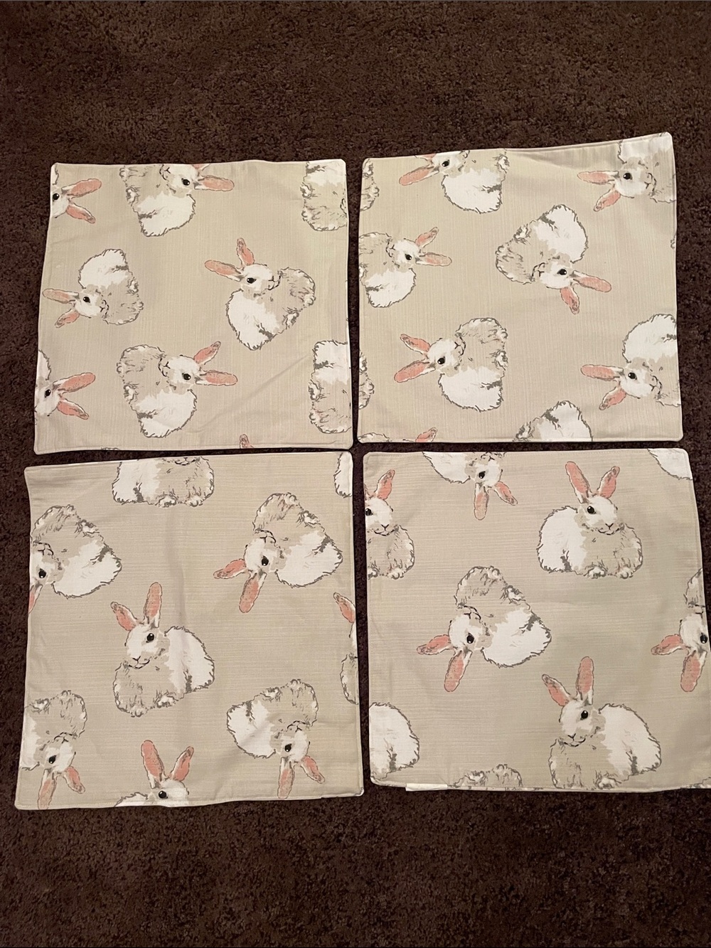 Bunny Placemats Set Of (4) Light Grey Pink White Rabbits Cotton Cloth Squares